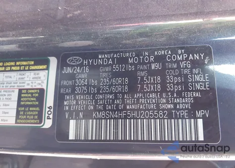 2017 Hyundai Santa Fe Se из США, поврежденный, VIN KM8SN4HF5HU205582